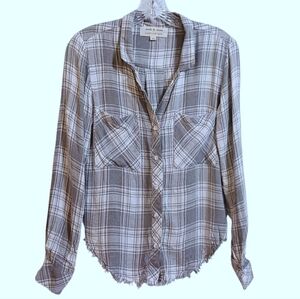 Cloth & Stone oversized cozy plaid shirt XS raw hem edge button tab long sleeve